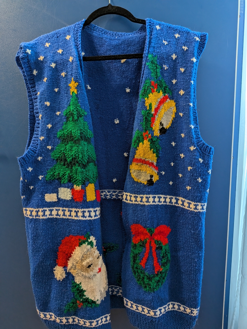 Holiday Knit Vest - Blue Christmas Sweater Vest with Santa & Bells